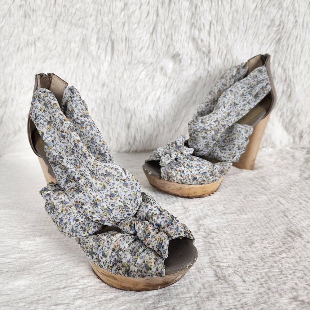 Seychelles Cottagecore Chunky Wood Floral Chiffon Sandals Size 7.5
